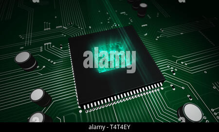 Concept with working cpu in background. Digital computing, server and computer abstract 3d illustration. Futuristic circuit board. Stock Photo