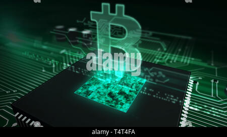 Cryptocurrency mining concept with bitcoin hologram over working cpu in background. Cyber business, blockchain and virtual money abstract 3d illustrat Stock Photo
