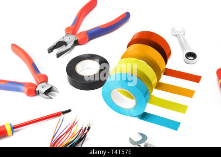 Composition of tools for the electrician repair and its protection and safety on a white isolate background. Stock Photo