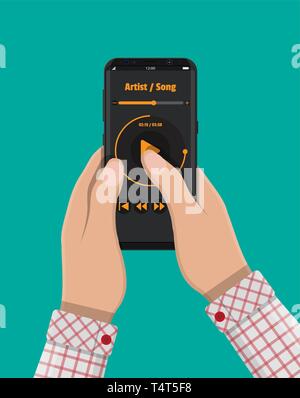 Hand holds the smartphone with music player application. Flat vector ...