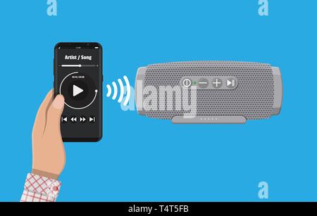 Portable wireless speaker. Audio device connected with smartphone to play music. Vector illustration in flat style Stock Vector