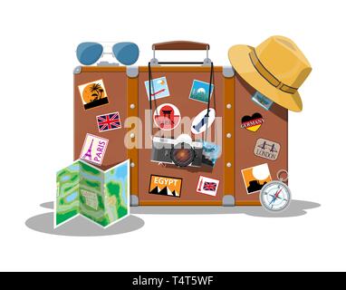 Vintage old travel suitcase. Leather retro bag with stickers. Hat, photo camera, eyeglasses, paper map, compass. Labels of places all over the world.  Stock Vector