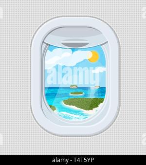 Window from inside the airplane. Aircraft porthole shutter. Tropical island with palm tree in ocean. Air journey or vacation concept. Vector illustrat Stock Vector