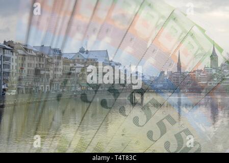 Zurich with the river and Swiss franc banknotes, Symbol photo Stock Photo