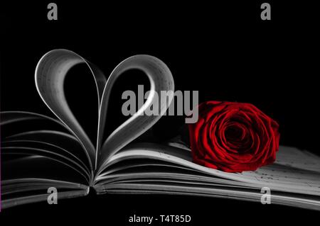 Still life with heart-shaped pages of a book and a rose Stock Photo