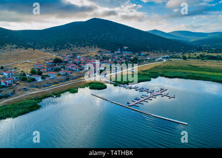 aerial view of the beautiful fishing village Psarades in Prespa lake in Northern Greece Stock Photo