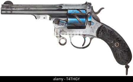 A Mauser revolver mod. 1878 ('Zick-Zack-Revolver') in 9 mm calibre, no. 270. Matching numbers. Mirror-like, four-groove rifled bore, length 137 mm. Six shots. Proof mark: Double crown/'U'. Firmïs address on barrel rib: 'GEBR.MAUSER & CIE OBERNDORF a/N.WÜRTTEMBERG.1878.PATENT.'. Original blue-black finish, partially spotted and with rust film. Traces of inexpert cleaning. Right side in better condition. Cylinder and small parts blued. Hammer and swivel bolt colour case-hardened. Black floral hard rubber grip panels, on both sides with monsters in , Additional-Rights-Clearance-Info-Not-Available Stock Photo