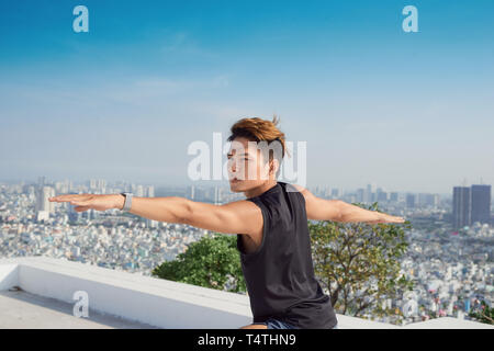 Man practicing advanced yoga. A series of yoga poses. lifestyle concept. Stock Photo