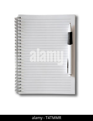 spiral-bound ruled paper notepad with ballpoint pen isolated on white Stock Photo