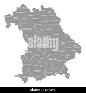 Bamberg city red highlighted in map of Bavaria Germany Stock Photo