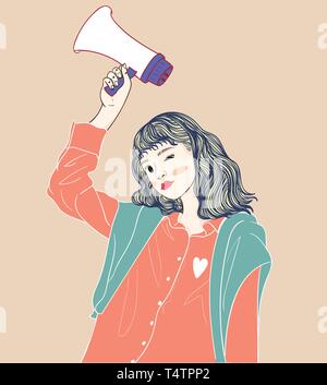 Women holding Megaphones are being announced in public places.She holds a mic and wears a vest in a lifestyle style Stock Vector
