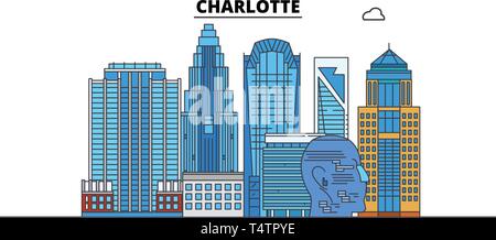 Charlotte , United States, outline travel skyline vector illustration.  Stock Vector