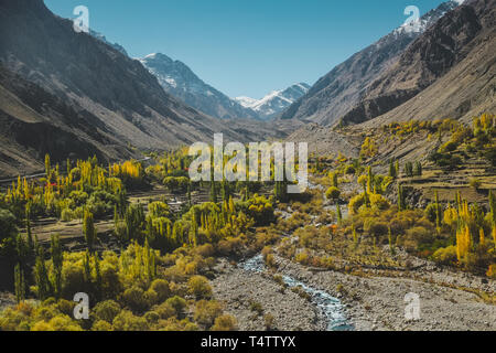Nature landscape view of yellow and green foliage in autumn with a stream surrounded by mountains in Karakoram range,Skardu. Gilgit Baltistan,Pakistan. Stock Photo