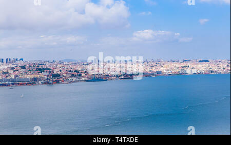 Panoramic view from Almada across the Tagus River at Lisbon, Portugal Stock Photo