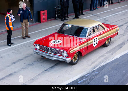 Aerial view of a Red, 1964, Ford Falcon, Touring Car,  in the International Pit Lane,  during the 2019 Silverstone Classic Media Day Stock Photo