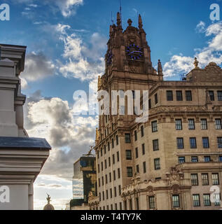 Telefonica building on Gran Via Madrid with beautiful sky Stock Photo