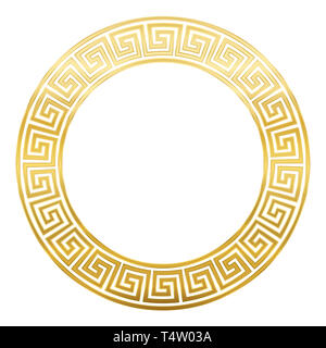 Meander design circle frame with seamless pattern. Golden Meandros, a decorative border, constructed from continuous lines. Stock Photo