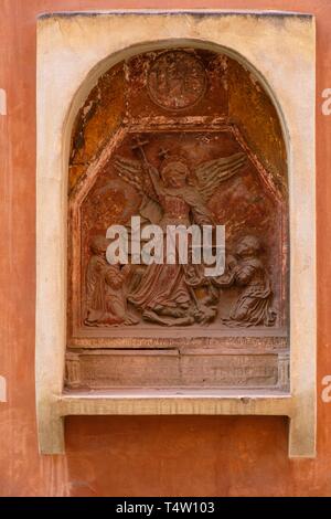 arcángel San Miguel, bajorelieve del siglo XVII, antigua cofradia de los tenderos, Palma, Mallorca, balearic islands, Spain. Stock Photo