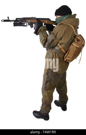 pro-Russian militiaman with kalashnikov ak-47 rifle with under-barrel grenade launcher isolated on white background Stock Photo