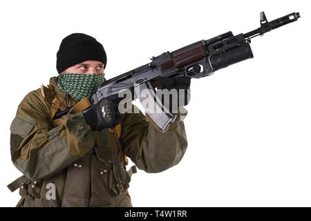 pro-Russian militiaman with kalashnikov ak-47 rifle with under-barrel grenade launcher isolated on white background Stock Photo