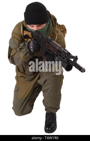 pro-Russian militiaman with kalashnikov ak-47 rifle with under-barrel grenade launcher isolated on white background Stock Photo