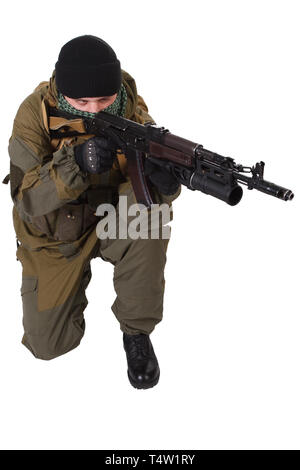 pro-Russian militiaman with kalashnikov ak-47 rifle with under-barrel grenade launcher isolated on white background Stock Photo