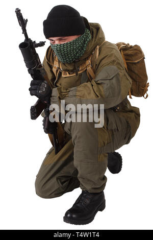 pro-Russian militiaman with kalashnikov ak-47 rifle with under-barrel grenade launcher isolated on white background Stock Photo