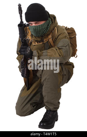 pro-Russian militiaman with kalashnikov ak-47 rifle with under-barrel grenade launcher isolated on white background Stock Photo