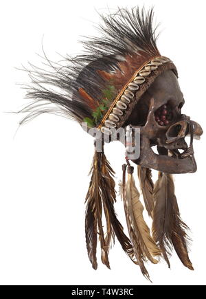 An ancestor's skull of the Asmat people, Papua New Guinea. Dark patinated skull of an old man, the lower jaw held in place by an elaborate cord wrapping. The eye sockets filled with reddish seeds, the nose decorated with a carved hollow bone. Magnificent headdress of textile netting, shells and bird feathers. Height 16 cm. The skulls of esteemed ancestors, so-called 'ndambirkus' were objects of veneration. They were elaborately decorated and kept in a safe place. The skulls of enemies, so-called 'ndaokus', however, were treated less reverently. T, Additional-Rights-Clearance-Info-Not-Available Stock Photo