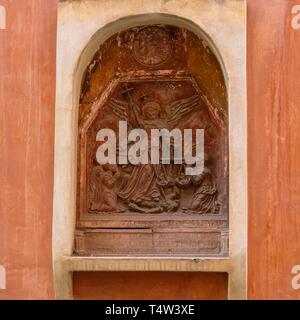 arcángel San Miguel, bajorelieve del siglo XVII, antigua cofradia de los tenderos, Palma, Mallorca, balearic islands, Spain. Stock Photo