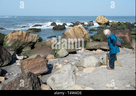 Elderly couple watching the seals at Ravenscar, North Yorkshire, UK Stock Photo