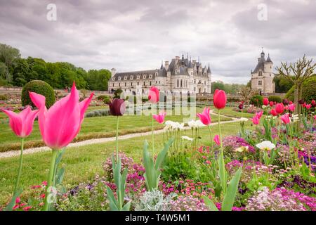 Jardín de Diana de Poitiers., castillo de Chenonceau, siglo XVI, Chenonceaux, departamento de Indre y Loira,France,Western Europe. Stock Photo