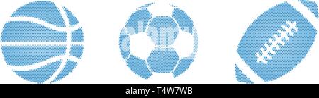 Blue halftone dotted vector illustration of a set balls for football, basketball, soccer, isolated on a white Stock Vector
