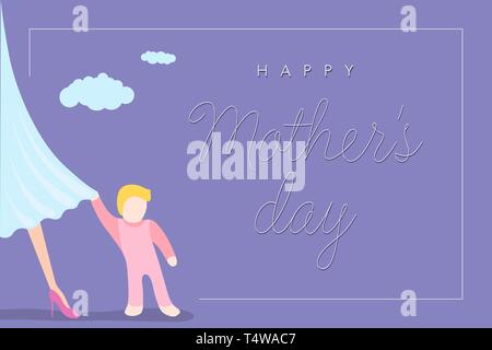 Happy Mother's day greeting card. Little baby clings to mom's dress. Purple background with congratulation text. Vector illustration with beautiful wo Stock Vector
