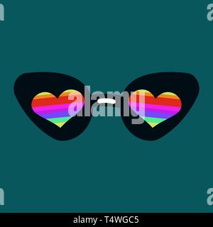 Women s sunglasses with multi-colored hearts. Vector illustration on color background. Stock Vector