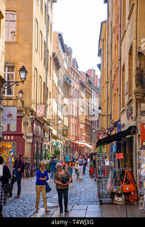 People walking on the street of the Old Town in Lyon, France
