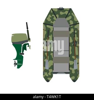 Rubber boat. Color camouflage. Outboard motor. Isolate on white background. Stock Vector