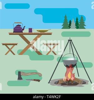 Big pike and knife on the board. On the table there is a kettle, a bowler and a plate of soup. Stock Vector