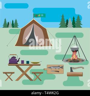 Big pike and knife on the board. On the table there is a kettle, a bowler and a plate of soup. Stock Vector