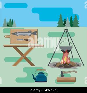 Big pike and knife on the board. On the table there is a kettle, a bowler and a plate of soup. Stock Vector