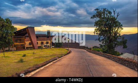 Entrance to the luxury Ngorongoro Wildlife Lodge viewed at sunset Stock Photo