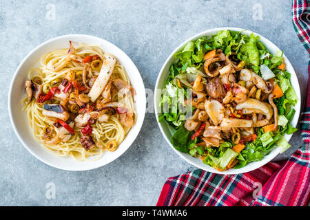 Mix of Seafood Salad with Pasta Spaghetti. Organic Food. Stock Photo