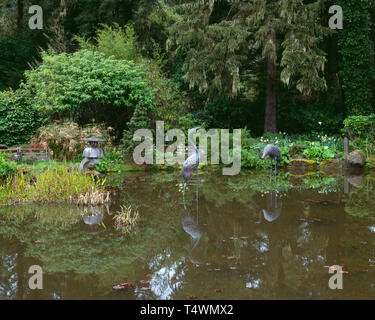 USA, Oregon, Shore Acres State Park, Reflecting pond and sculptured herons. Stock Photo