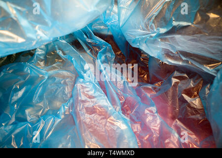 Inside a disposable plastic bag. Lightweight transparent, reusable plastic waste. Rubbish bag, plastic recycling, environmental issues Stock Photo