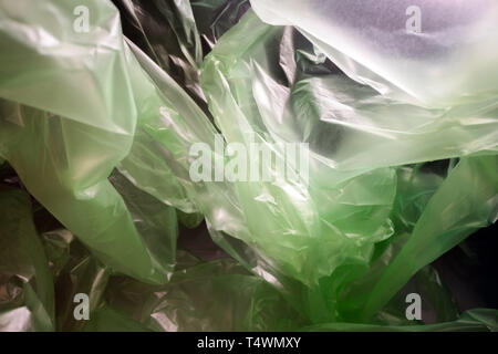 Inside a disposable plastic bag. Lightweight transparent, reusable plastic waste. Rubbish bag, plastic recycling, environmental issues Stock Photo