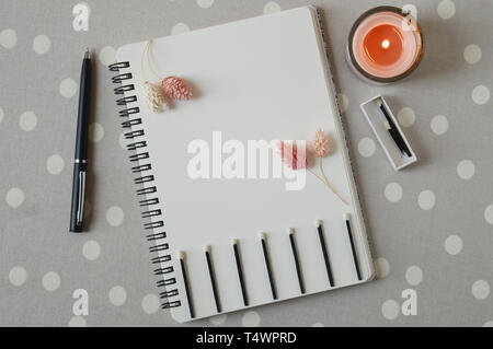 Lifegoals concept on notebook with match box and black wooden matches. Trendy concept. Burning coral candle. Dried flowers of pink tender color. Grey  Stock Photo