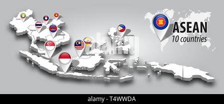 ASEAN and membership flag on 3D map Southeast asia perspective view and GPS navigator pin on gray color gradient background . Vector . Stock Vector