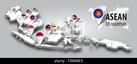 ASEAN and membership flag on 3D map Southeast asia perspective view and GPS navigator pin on gray color gradient background . Vector . Stock Vector