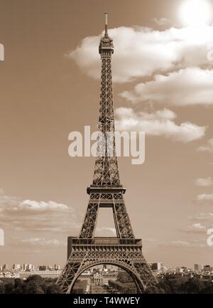 Eiffel Tower in Paris France with old toned sepia effect seen from Trocadero hill Stock Photo