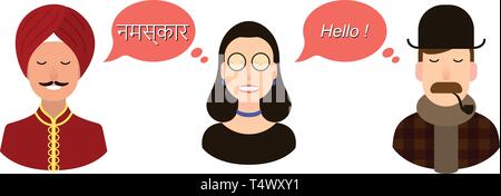 Modern design for foreign hindi language course, classes, school International communication - translation concept illustration. tourists or Stock Vector